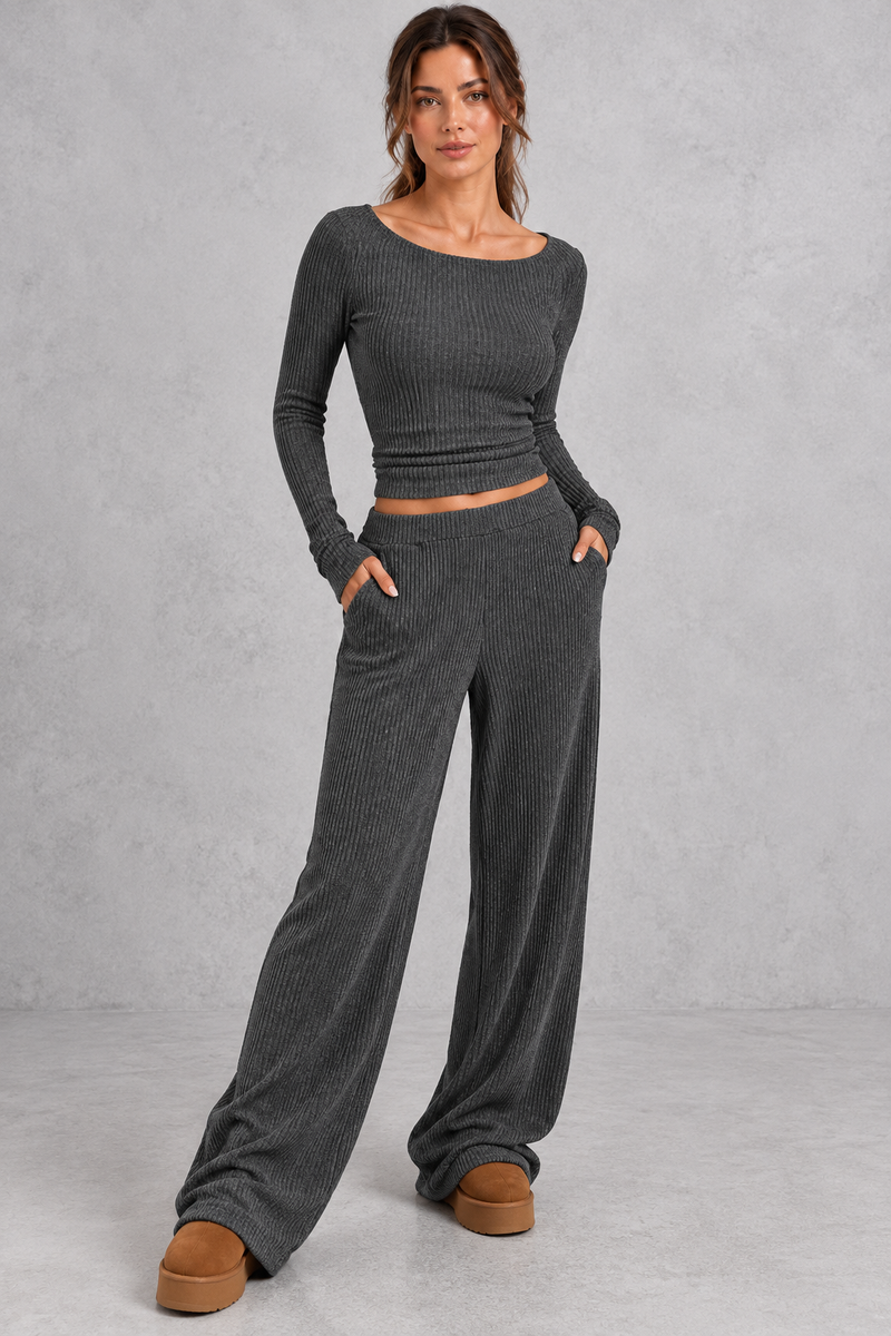 Women's dark grey ribbed knit co-ord set with crop top and wide leg trousers with pockets – front view