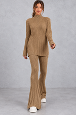 Women's ribbed turtleneck co-ord set in Brown – front view