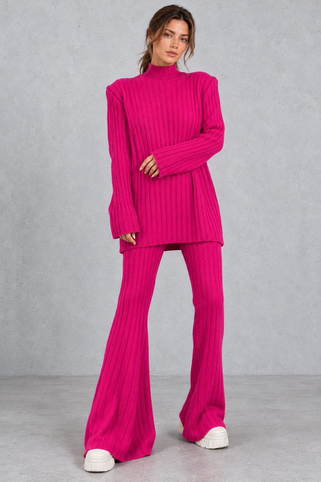 Women's ribbed turtleneck co-ord set in Pink – front view