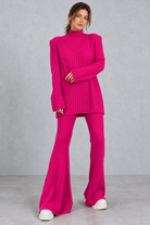 Women's ribbed turtleneck co-ord set in Pink – front view