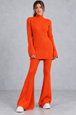 Women's ribbed turtleneck co-ord set in Orange – front view