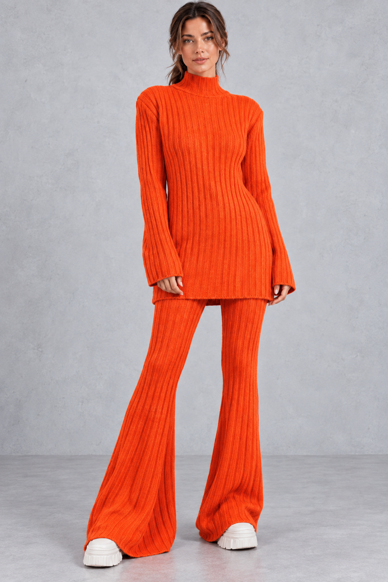 Women's ribbed turtleneck co-ord set in Orange – front view