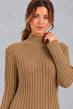 Women's ribbed turtleneck co-ord set in Brown – neckline close-up view