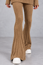 Women's ribbed turtleneck co-ord set in Brown – flared trouser detail view