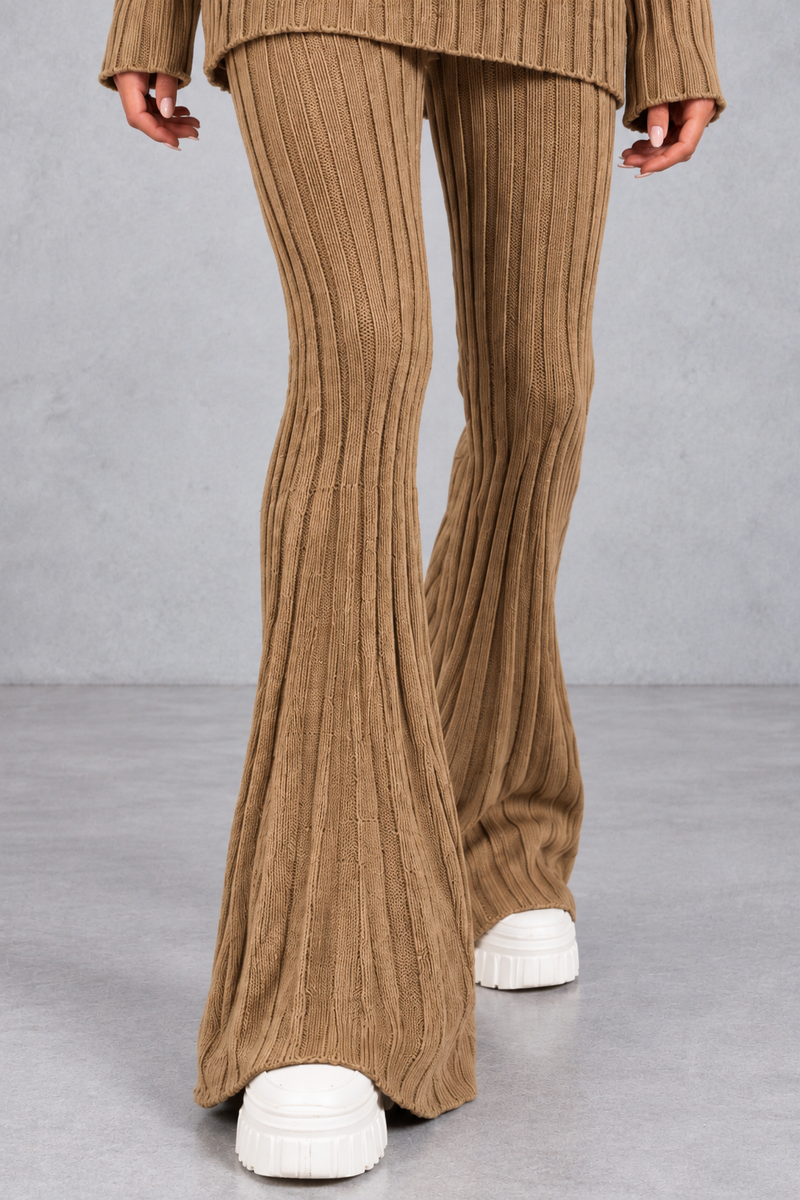Women's ribbed turtleneck co-ord set in Brown – flared trouser detail view