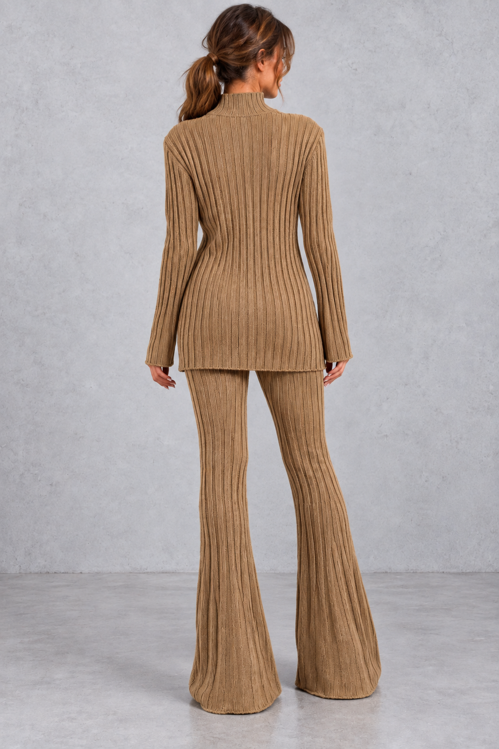 Women's ribbed turtleneck co-ord set in Brown – back view