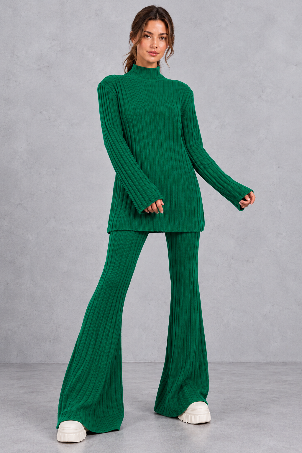Women's ribbed turtleneck co-ord set in Green – front view