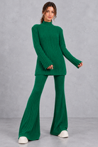 Women's ribbed turtleneck co-ord set in Green – front view