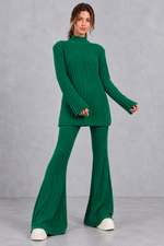 Women's ribbed turtleneck co-ord set in Green – front view