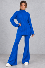 Women's ribbed turtleneck co-ord set in Blue – front view