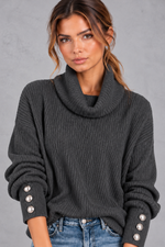 Women's charcoal ribbed cowl neck jumper – close-up of cowl neck and button cuffs