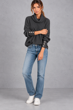 Women's charcoal ribbed cowl neck jumper – full-length view