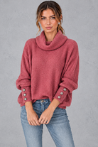 Women's rose ribbed cowl neck jumper – front view