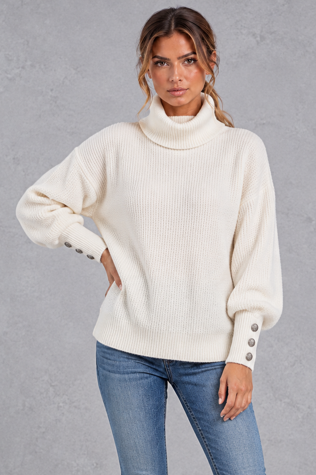 Women's cream ribbed cowl neck jumper – front view