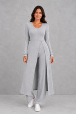 Women’s ribbed two piece lounge set with a fitted long-sleeve top, flowing split longline overlay and matching high-waisted leggings.
