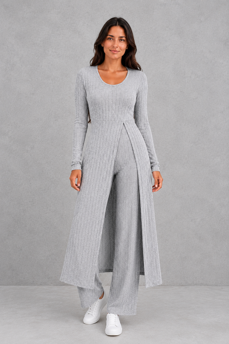 Women’s ribbed two piece lounge set with a fitted long-sleeve top, flowing split longline overlay and matching high-waisted leggings.