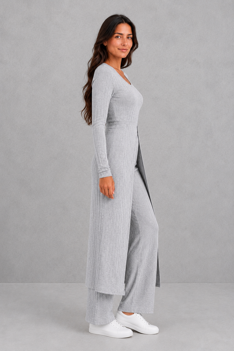 Women’s ribbed two piece lounge set with a fitted long-sleeve top, flowing split longline overlay and matching high-waisted leggings.