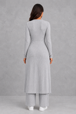 Women’s ribbed two piece lounge set with a fitted long-sleeve top, flowing split longline overlay and matching high-waisted leggings.