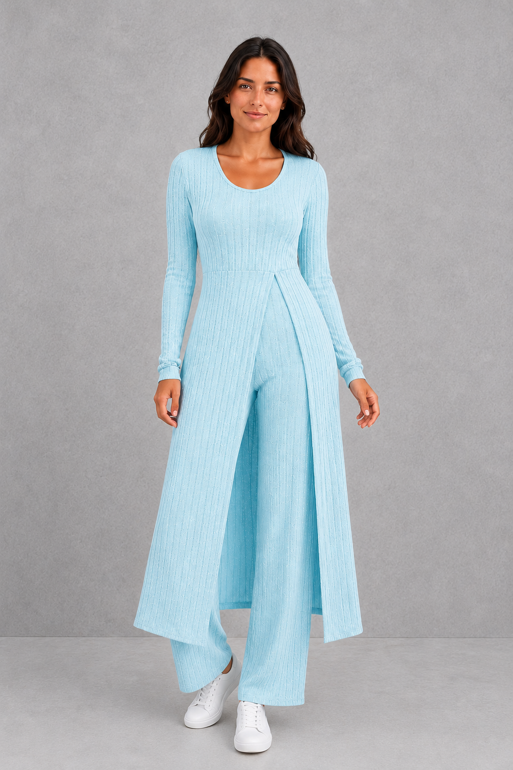 Women’s ribbed two piece lounge set with a fitted long-sleeve top, flowing split longline overlay and matching high-waisted leggings.