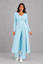 Women’s ribbed two piece lounge set with a fitted long-sleeve top, flowing split longline overlay and matching high-waisted leggings.