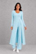 Women’s ribbed two piece lounge set with a fitted long-sleeve top, flowing split longline overlay and matching high-waisted leggings.