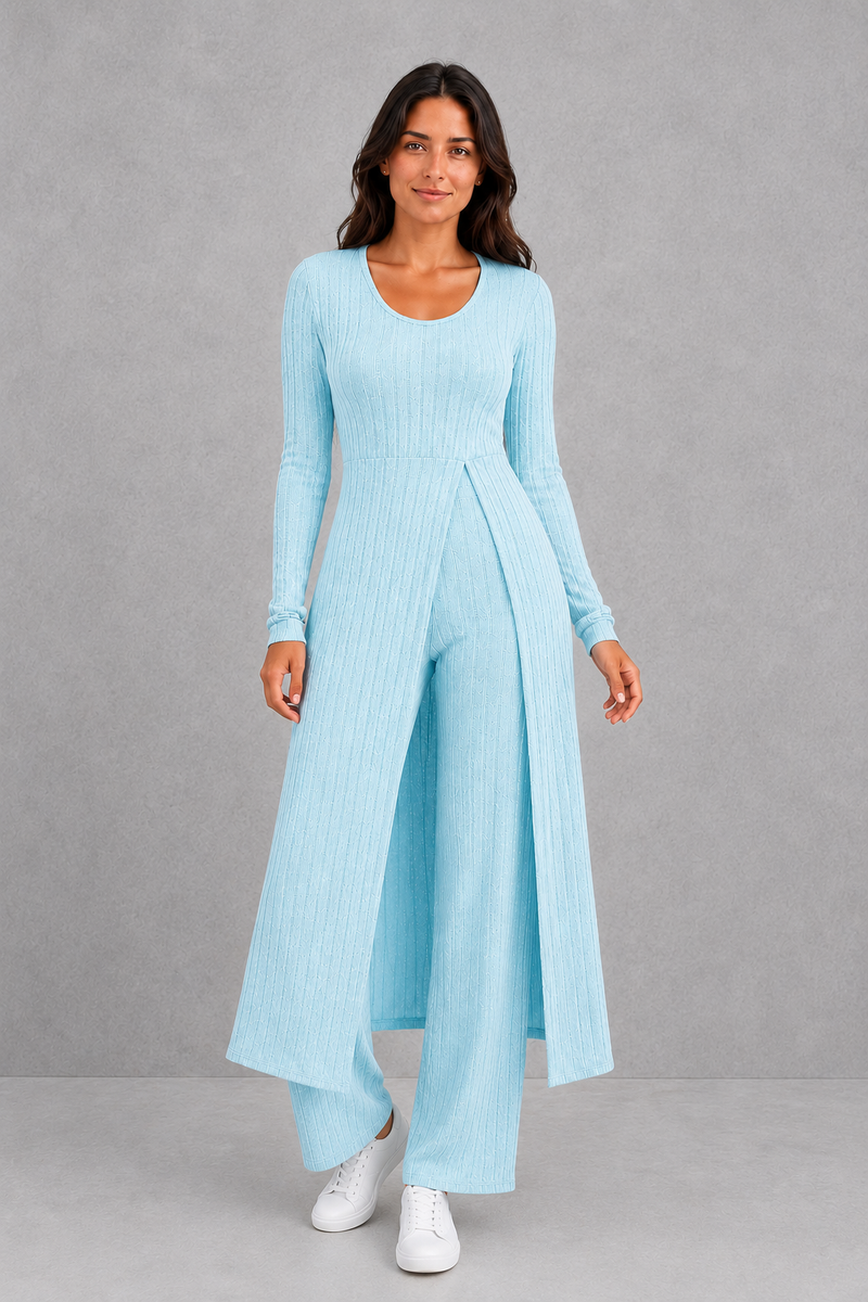 Women’s ribbed two piece lounge set with a fitted long-sleeve top, flowing split longline overlay and matching high-waisted leggings.
