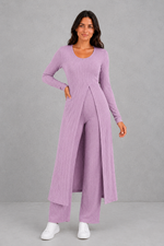 Women’s ribbed two piece lounge set with a fitted long-sleeve top, flowing split longline overlay and matching high-waisted leggings.
