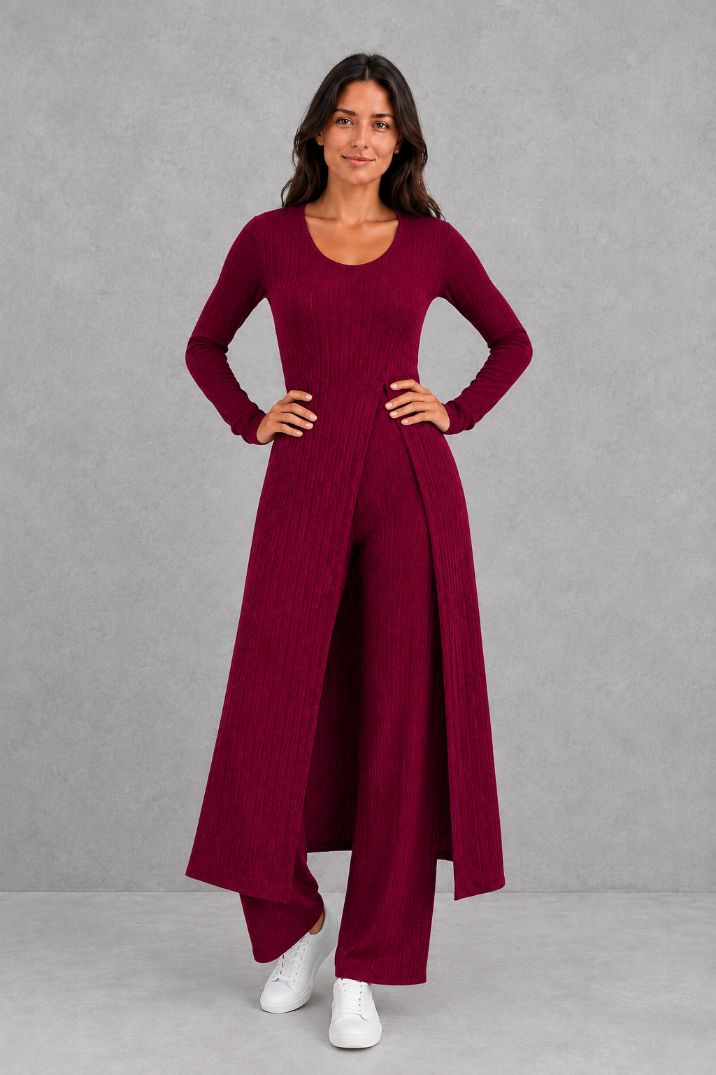 Women’s ribbed two piece lounge set with a fitted long-sleeve top, flowing split longline overlay and matching high-waisted leggings.