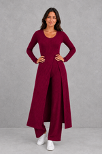 Women’s ribbed two piece lounge set with a fitted long-sleeve top, flowing split longline overlay and matching high-waisted leggings.