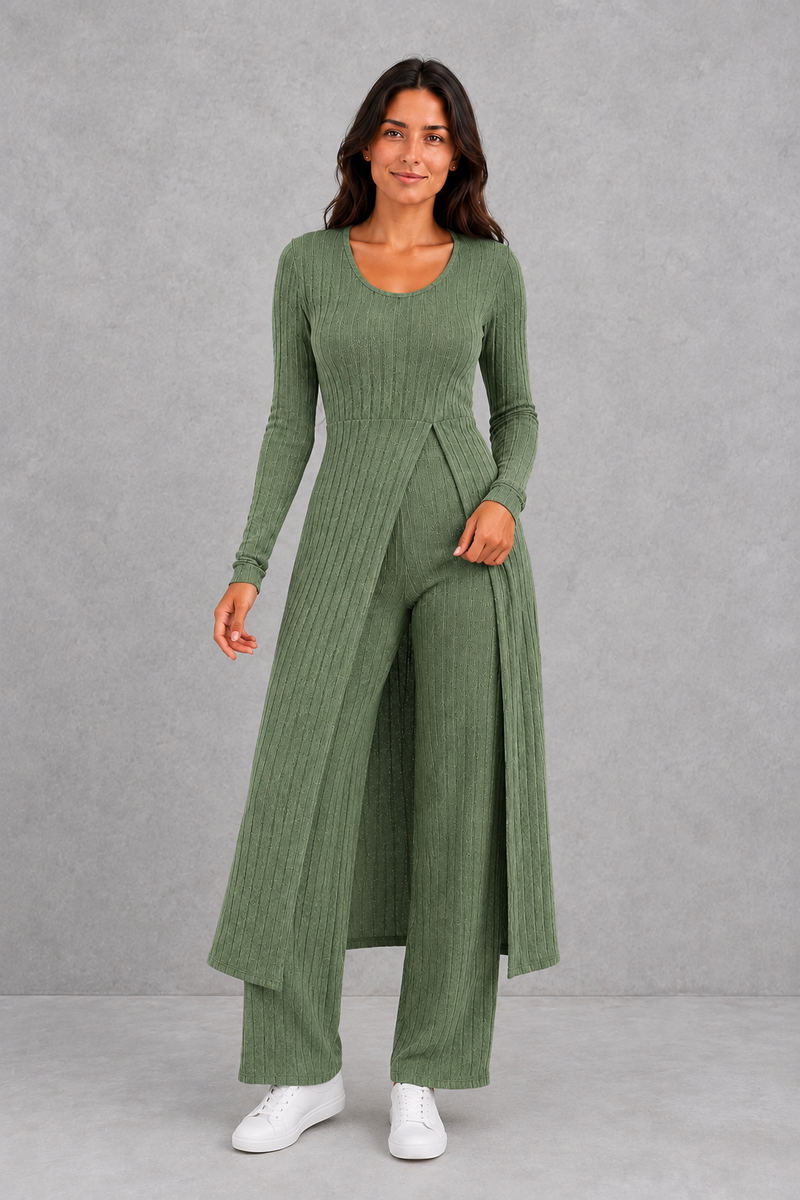 Women’s ribbed two piece lounge set with a fitted long-sleeve top, flowing split longline overlay and matching high-waisted leggings.