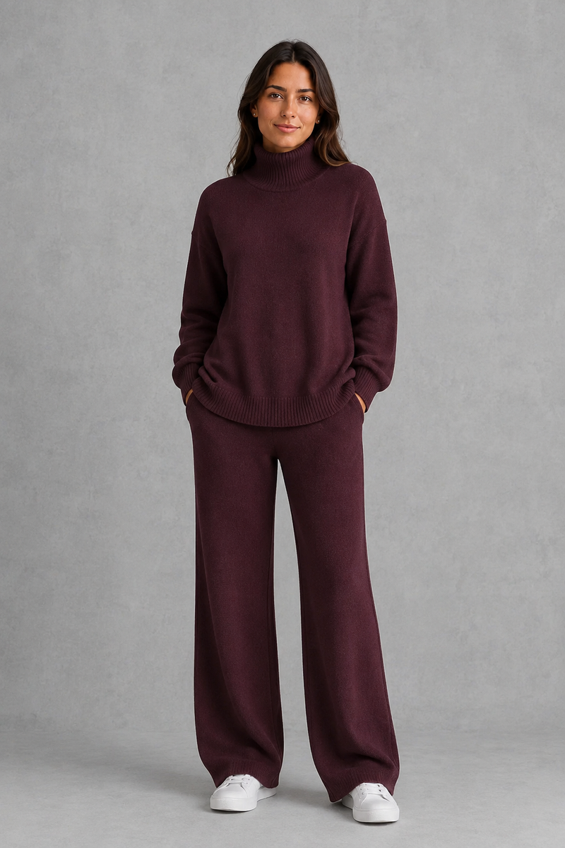 Women’s roll neck knit jumper and wide leg trouser set with an oversized silhouette, dropped shoulders and matching full-length knitted trousers.