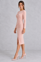 Women’s ruched boat neck evening dress with long sleeves, a slim-fit silhouette and elegant statement split hem.