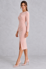 Women’s ruched boat neck evening dress with long sleeves, a slim-fit silhouette and elegant statement split hem.