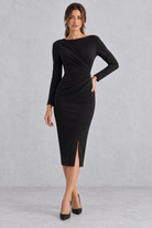 Women’s ruched boat neck evening dress with long sleeves, a slim-fit silhouette and elegant statement split hem.