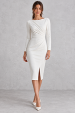 Women’s ruched boat neck evening dress with long sleeves, a slim-fit silhouette and elegant statement split hem.