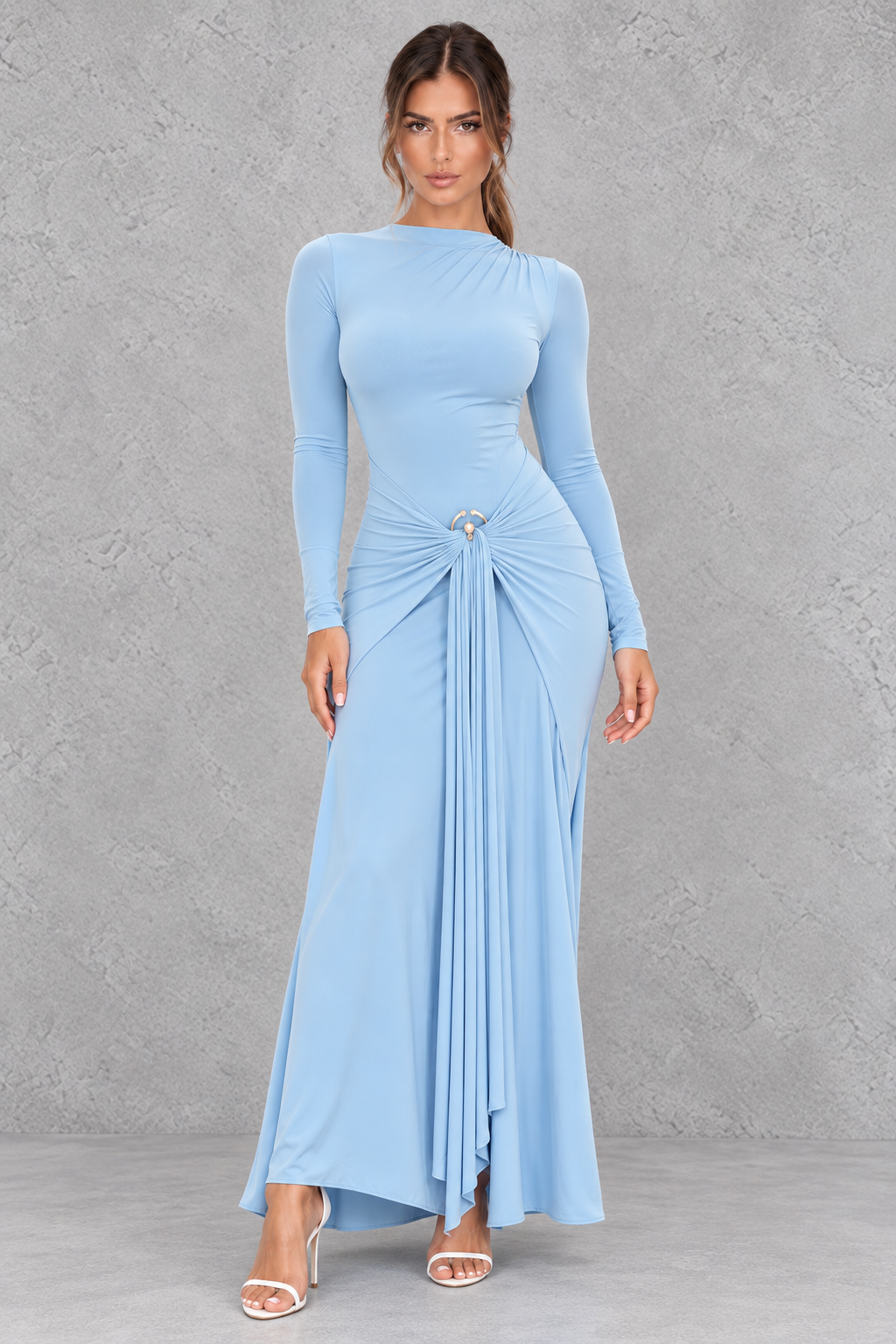 Women’s ruched long sleeve maxi party dress with a sleek bodycon silhouette, textured detailing and elegant floor-length design.