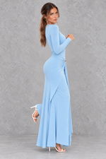 Women’s ruched long sleeve maxi party dress with a sleek bodycon silhouette, textured detailing and elegant floor-length design.