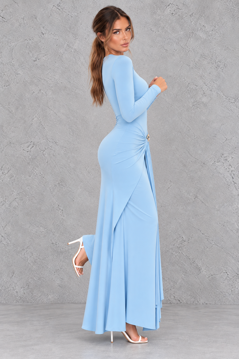 Women’s ruched long sleeve maxi party dress with a sleek bodycon silhouette, textured detailing and elegant floor-length design.