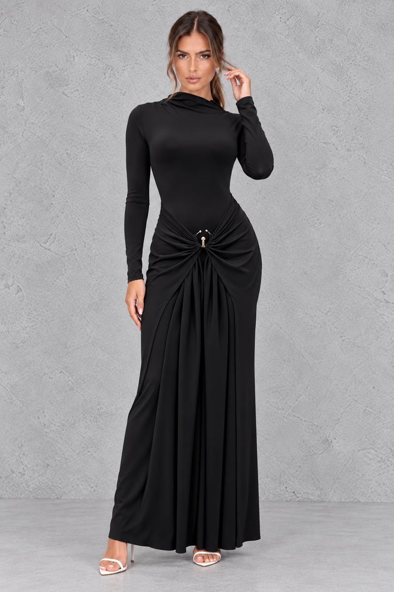 Women’s ruched long sleeve maxi party dress with a sleek bodycon silhouette, textured detailing and elegant floor-length design.