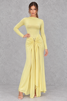 Women’s ruched long sleeve maxi party dress with a sleek bodycon silhouette, textured detailing and elegant floor-length design.