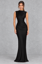 Women’s satin corset high neck maxi dress with asymmetric pleated bodice, lace-up back, defined waist and fluid bias-cut skirt.