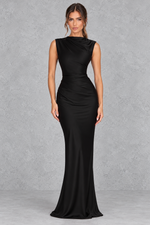 Women’s satin corset high neck maxi dress with asymmetric pleated bodice, lace-up back, defined waist and fluid bias-cut skirt.