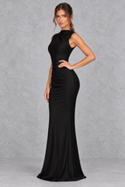 Women’s satin corset high neck maxi dress with asymmetric pleated bodice, lace-up back, defined waist and fluid bias-cut skirt.