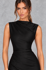 Women’s satin corset high neck maxi dress with asymmetric pleated bodice, lace-up back, defined waist and fluid bias-cut skirt.