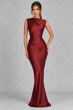 Women’s satin corset high neck maxi dress with asymmetric pleated bodice, lace-up back, defined waist and fluid bias-cut skirt.
