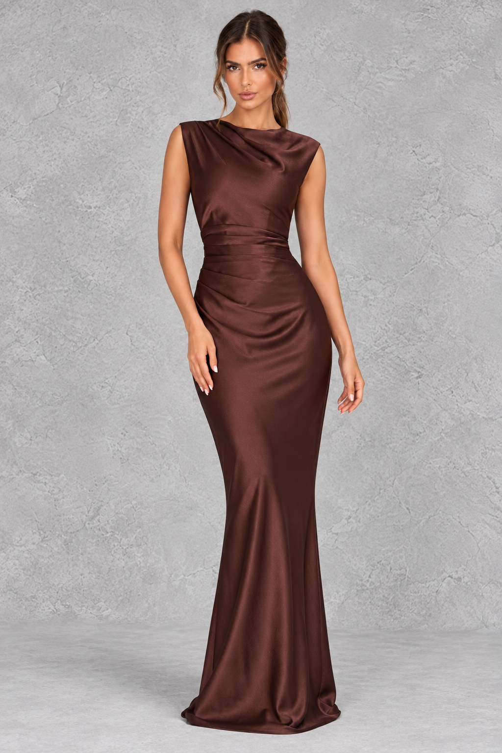 Women’s satin corset high neck maxi dress with asymmetric pleated bodice, lace-up back, defined waist and fluid bias-cut skirt.