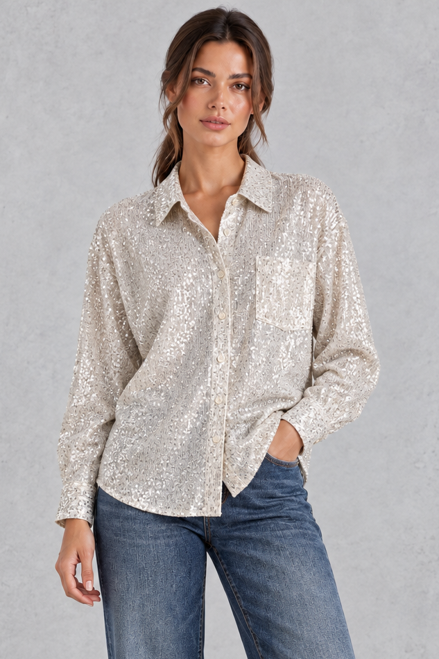 Women's Sequin Button-Front Shirt in Silver