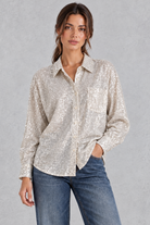 Women's Sequin Button-Front Shirt in Silver