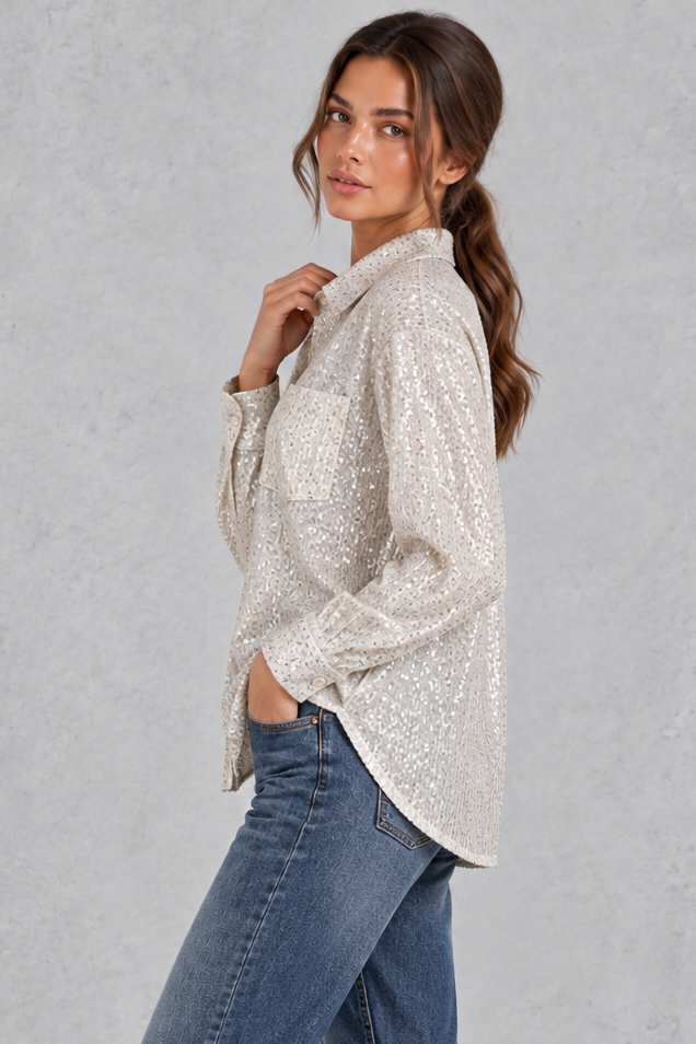 Women's Sequin Button-Front Shirt in Silver – view 2