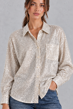 Women's Sequin Button-Front Shirt in Silver – view 3
